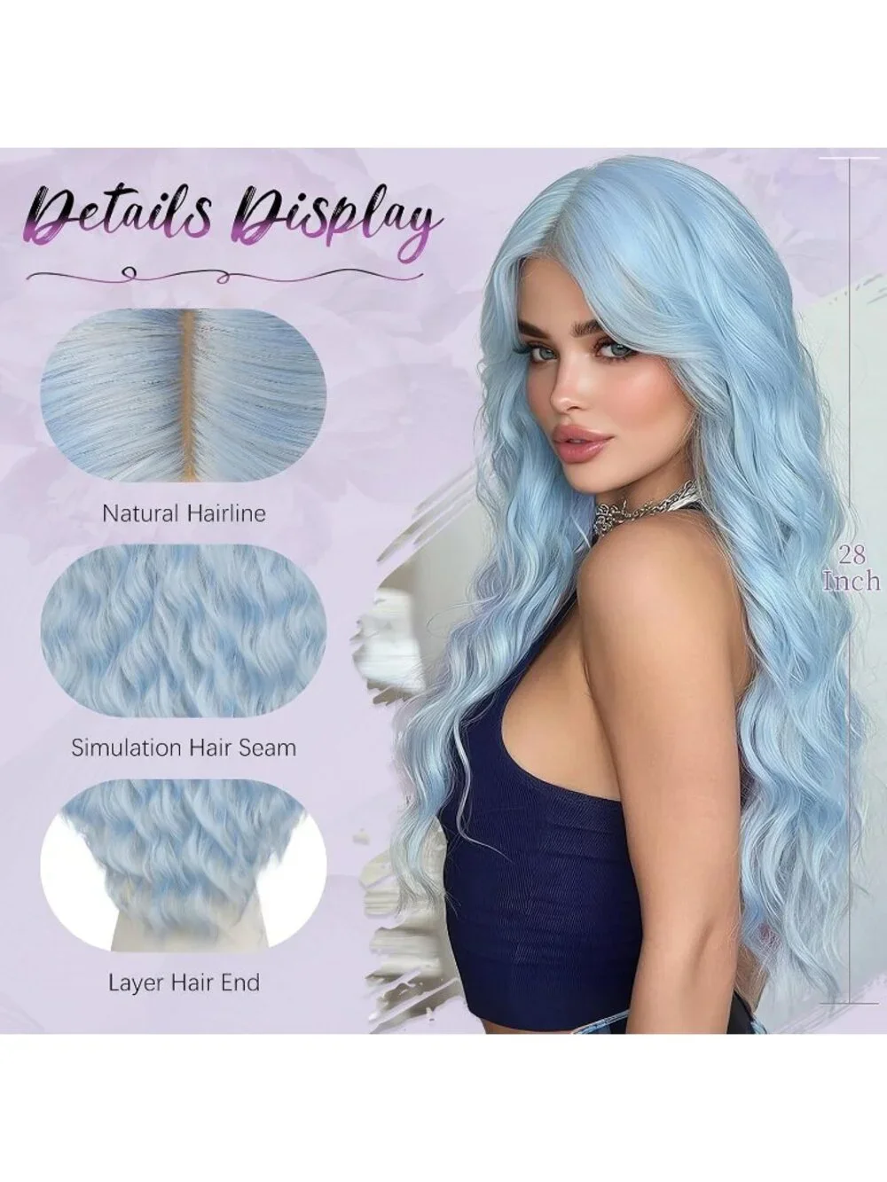 Women's Sky Blue 28 Inch Lace Front Soft Synthetic Long Wavy Curly Wigs